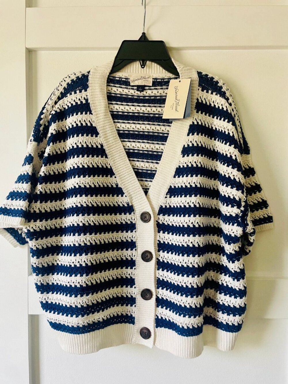 Crochet Stripe Button-Front Sweater Cardigan - Navy and Cream